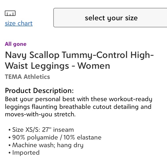NWT TEMA Athletics Navy Scallop Tummy-Control High-Waist Leggings Woman’s XS/S - Picture 6 of 6